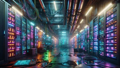 Foto op Canvas A gritty, neon-lit data center in a cyberpunk style, featuring exposed pipes, grungy walls, and a high-tech, low-life aesthetic. © FantasyLand86
