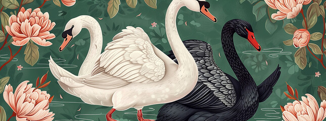 Elegant Swans in Vintage Floral Pattern Illustration
