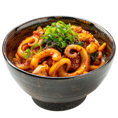Front view of Nakji Bokkeum Udon with spicy stir-fried Korean baby octopus served over thick udon...