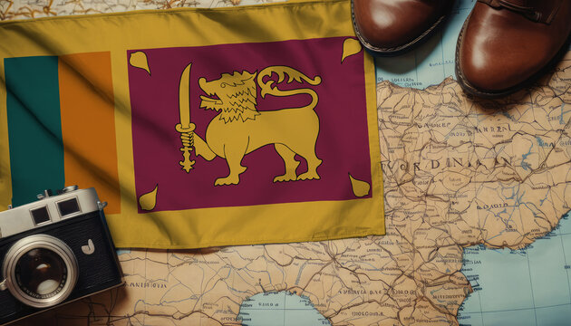 Sri Lanka flag on the map surrounded by camera, shoes. Travel and tourism concept