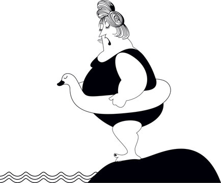 Beach. Cartoon fat woman with lifebuoy standing near the water. 
Cartoon swimmer woman with lifebuoy stands on the shore. Black and white illustration 
