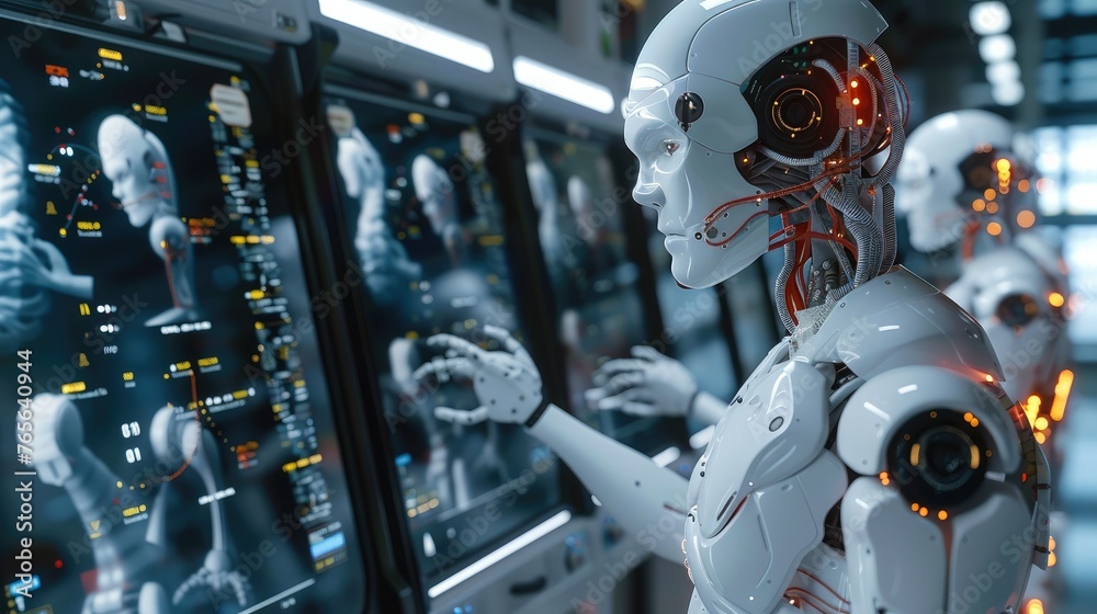 Leinwandbilder a group of robots working in a laboratory conducting experiments on human dna, large monitors. gener