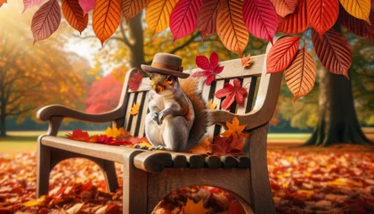 Zelfklevend Fotobehang A squirrel wearing a vintage hat sits on a wooden park bench surrounded by colorful autumn leaves. © FantasyLand86