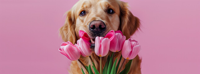 Golden Retriever Admiring Pink Tulips on Pink Background
 - obrazy, fototapety, plakaty