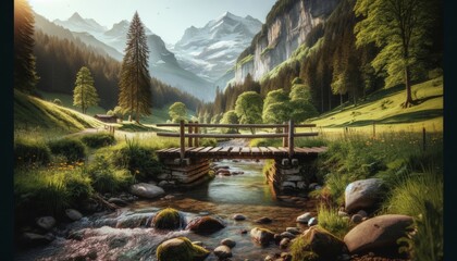 A medium shot of a wooden footbridge crossing a mountain stream, surrounded by lush greenery and Swiss alps in the distance.