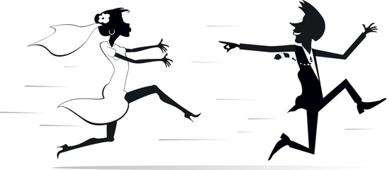 Married wedding couple. Bridegroom runs away from the bride.
Upset bride trying to catch up a runaway bridegroom. Running bridegroom looks back and points a finger to the bride trying to catch him. Bl