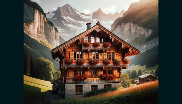 A medium shot of a wooden chalet with flower boxes on the windows, set against the backdrop of the Swiss Alps.