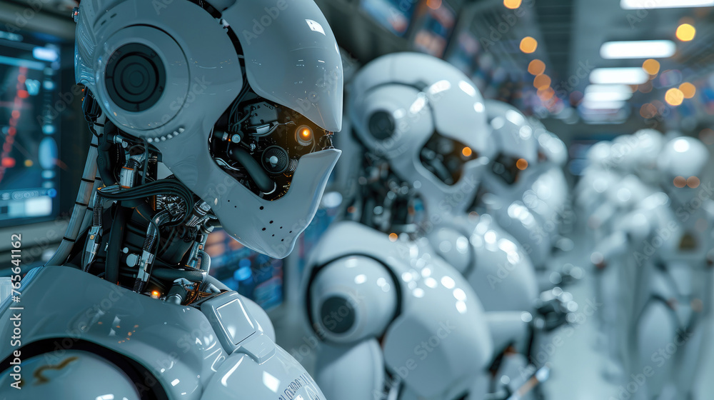 Fototapete A group of robots working in a laboratory conducting experiments on human DNA, large monitors. Generative AI.