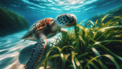 Fotobehang A close shot of a sea turtle nibbling on seagrass on the ocean floor. © FantasyLand86