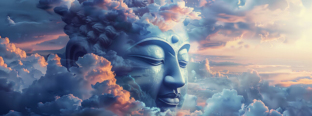 Buddha Statue Immersed in Clouds at Sunset
 - obrazy, fototapety, plakaty