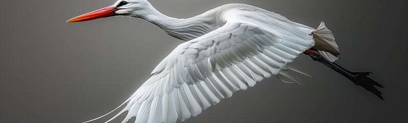 Elegant White Stork in Flight on a Grey Background
