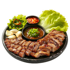 Front view of Samgyeopsal with thick slices of grilled pork belly isolated on a white transparent background