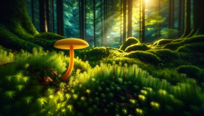 A lone, yellow mushroom with a slender stem, rising above a carpet of vibrant green moss, with sunlight filtering through the trees.