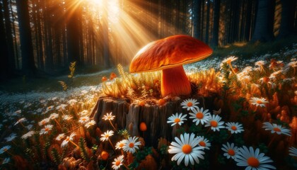 An orange, sunlit mushroom growing on a tree stump, surrounded by tiny, white flower petals.
