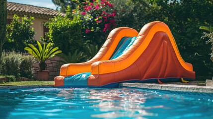 Inflatable slide by a private pool with garden.