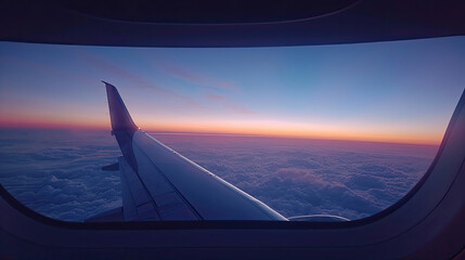 An airplane wing seen from a passenger window during a vibrant sunset above the clouds.