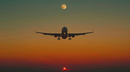 Airplane landing during sunset with a visible full moon above in a serene orange sky.