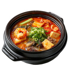 Front view of Soondubu Jjigae with a comforting Korean soft tofu stew, featuring kimchi, vegetables, and often seafood or beef isolated on a white transparent background