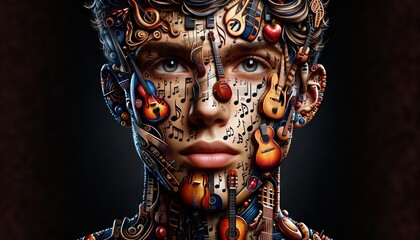 An image featuring a close-up portrait where the person's skin is made up of different musical...