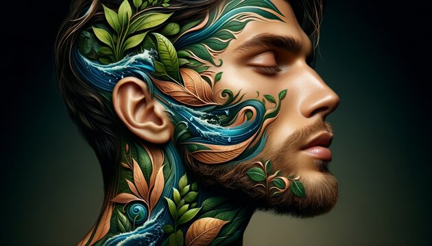 An image featuring a close-up profile of a man, integrating patterns and symbols of nature, such as leaves and water waves, into his facial fea.