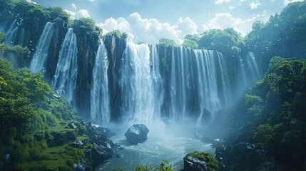 A beautiful very big waterfall. Generative AI.