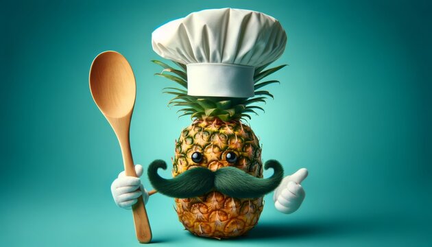 A detailed, well-focused image depicting a pineapple wearing a chef's hat and mustache, holding a wooden spoon.