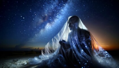 Fototapeta na wymiar An enigmatic figure wrapped in gossamer, sitting beneath the night sky, with stars glinting off the surface of the fabric and skin.