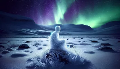 Poster Aurores boréales A figure enshrouded in a delicate, sparkling frost, seated amidst a serene, snowy landscape under the soft glow of the aurora borealis.
