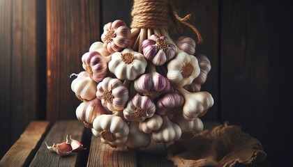A close-up of fresh garlic bulbs tied together with twine, hanging against a wooden backdrop. - Powered by Adobe