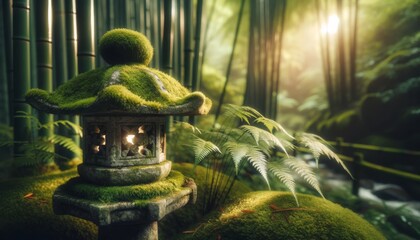 A close-up of a stone lantern partially hidden by moss and ferns, with soft light filtering through...