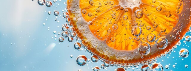 Orange Slice Submerged in Sparkling Water with Air Bubbles