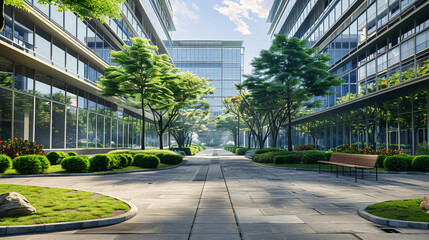 Modern Architecture and Urban City Design, Green Facade and Business Exterior, Empty Street in Downtown Asia - obrazy, fototapety, plakaty