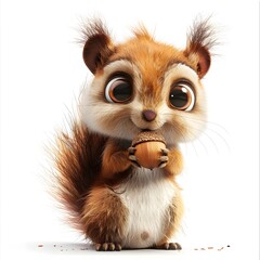 Adorable and expressive cartoon squirrel character with vibrant soft fur texture and wide curious eyes holding a large acorn