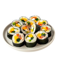 Front view of Gimbap with Korean rice rolls filled with various ingredients, such as vegetables, egg, and sometimes meat, sliced into bite-sized pieces isolated on a white transparent background