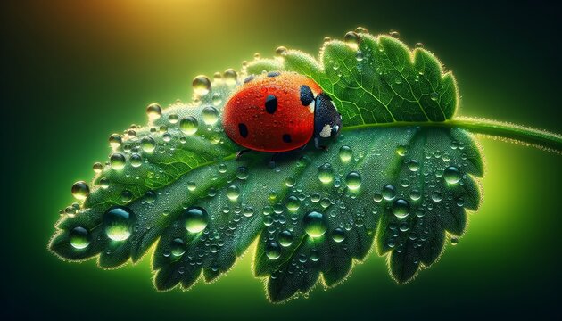 A detailed, close-up image of a single ladybug resting on a dew-covered leaf.
