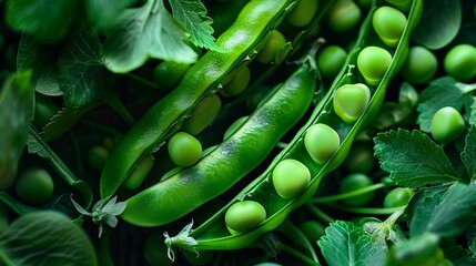 Closeup of Fresh Green Peas Pods with Lush Leaves - obrazy, fototapety, plakaty