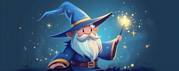 Obraz na płótnie Canvas Enchanting Wizard with Mysterious Smile Wielding Magical Wand Amidst Twinkling Stars and Deep Vibrant Colors
