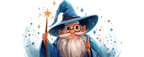 This captivating depicts a cheerful cartoon wizard character holding a magic wand surrounded by twinkling stars against a vibrant