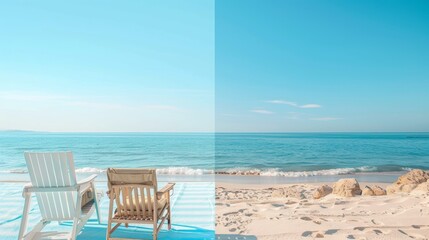 Fototapeta na wymiar A banner related to the beach, outdoor recreation and serenity. The colors are beige and light blue