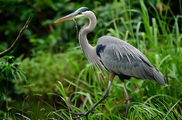 blue heron standing in tall green grass, watching for fish to catch