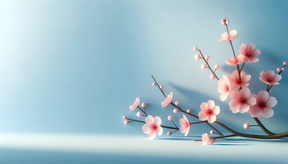 A minimalist spring scene with a single cherry blossom branch in full bloom against a clear blue sky.