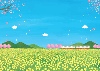 桜と電車と菜の花の水彩の景色