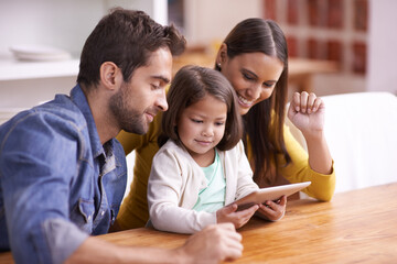 Mom, dad and kid with tablet for teaching, learning and support in education with love at table....