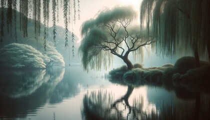 A peaceful scene of a willow tree beside a calm lake, focusing on the delicate, cascading branches and the reflection of the tree on the calm water su.