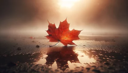 Gordijnen A minimalist autumn scene with a single fallen maple leaf resting on the wet ground, surrounded by faint early morning mist. © FantasyLand86