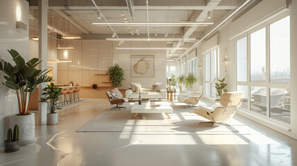 A chill breakout area for a cool studio office, light bright neutral tones. Generative AI. - obrazy, fototapety, plakaty
