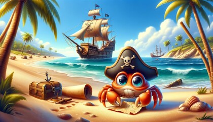 A tiny, adventurous crab with a pirate hat and a treasure map, standing on a sandy beach with a...