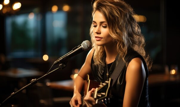 Young woman musician plays the guitar and sings into the microphone.