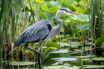 blue heron standing in tall green grass, watching for fish to catch