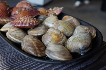 Fresh clams are grilled on a brazier and eaten.